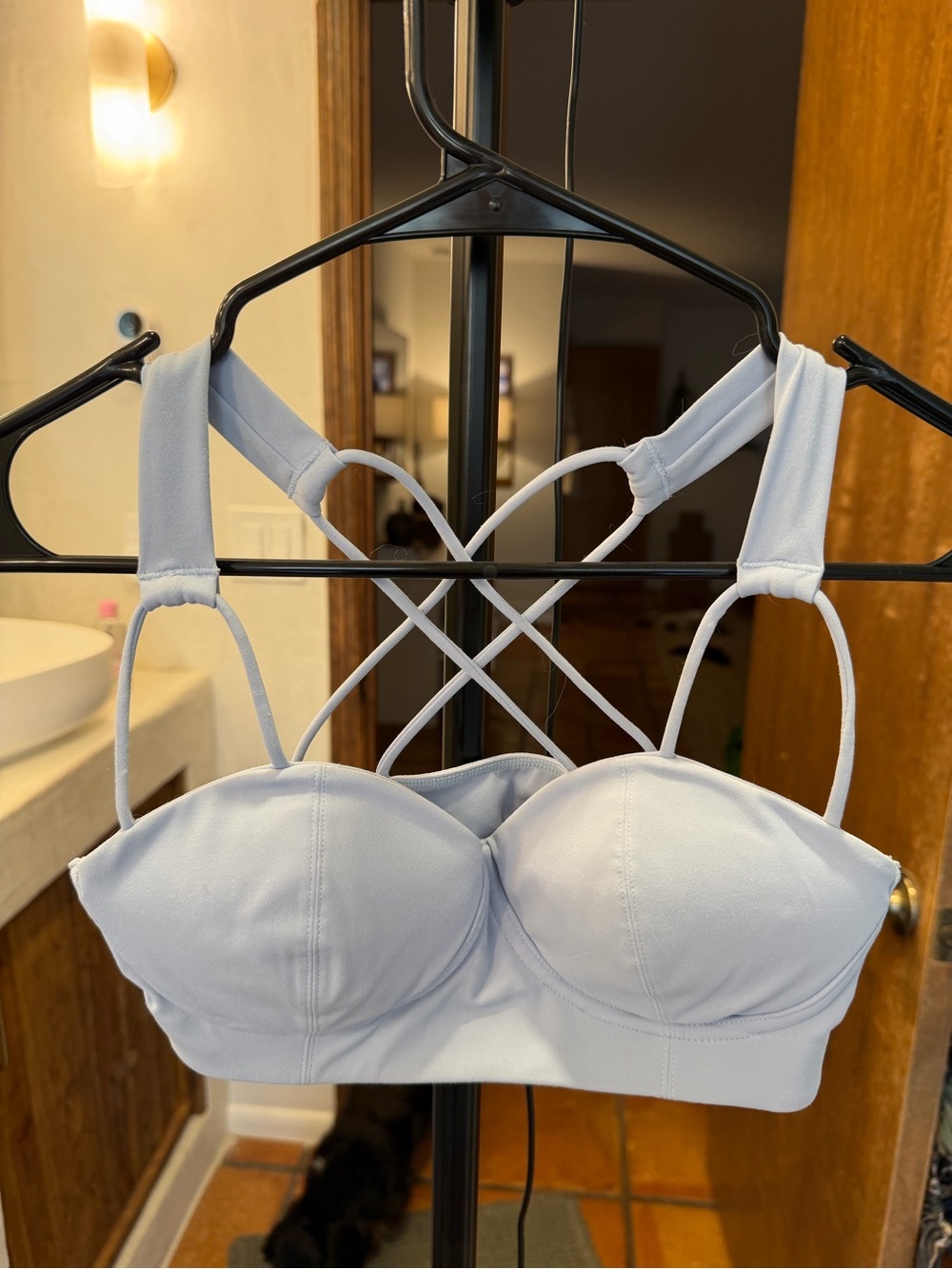 Light Blue Strappy Bustier Sports Bra with Crisscross Back